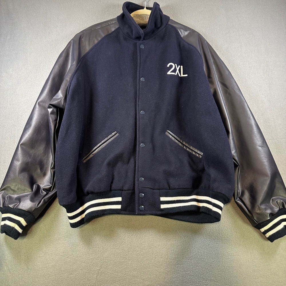 Balfour Mens 2XL Varsity Jacket Navy Wool Faux Leather Sleeve Letterman Bomber